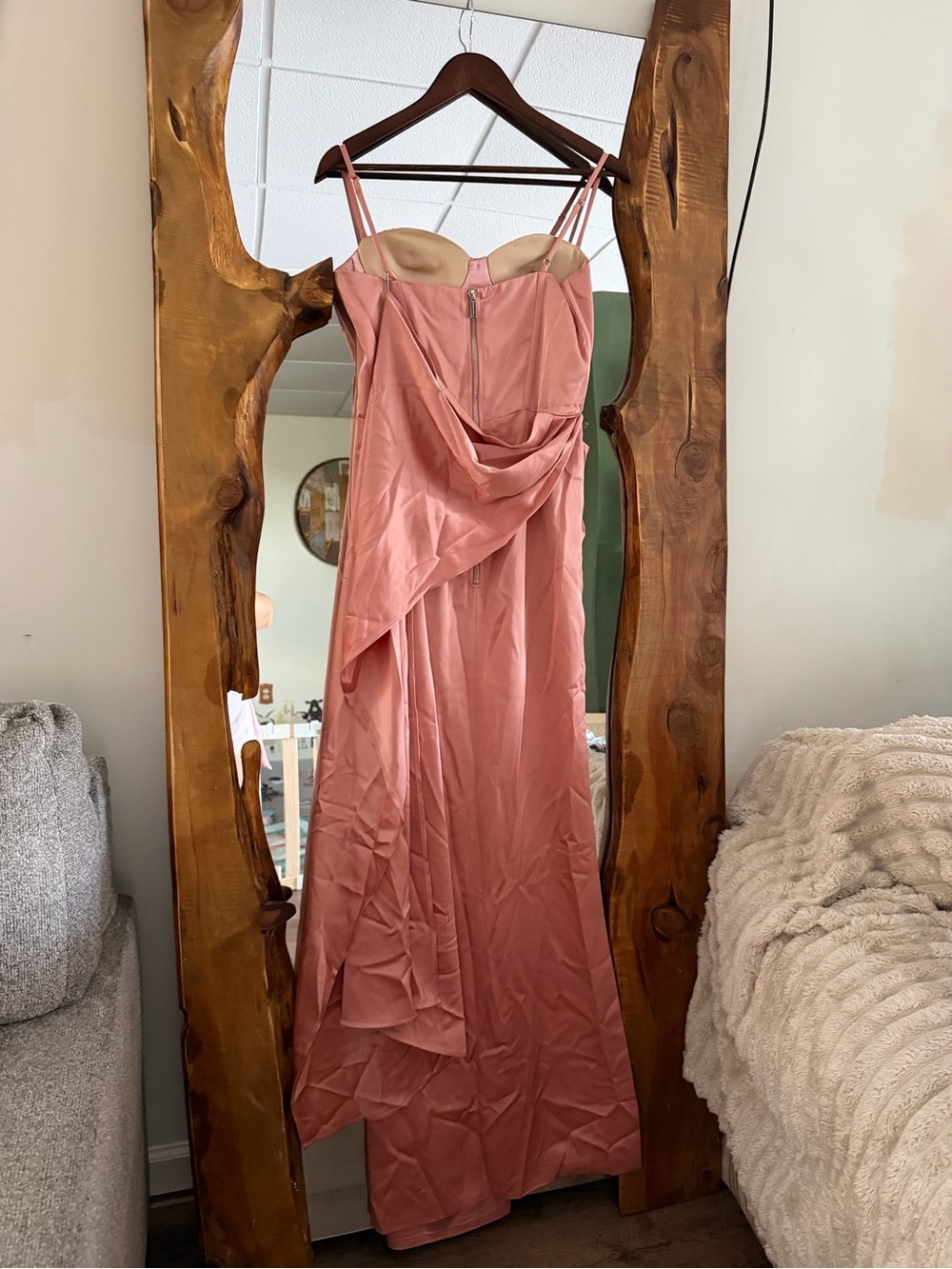 Dusky Pink Satin Draped Maxi Dress with Sweetheart Neckline